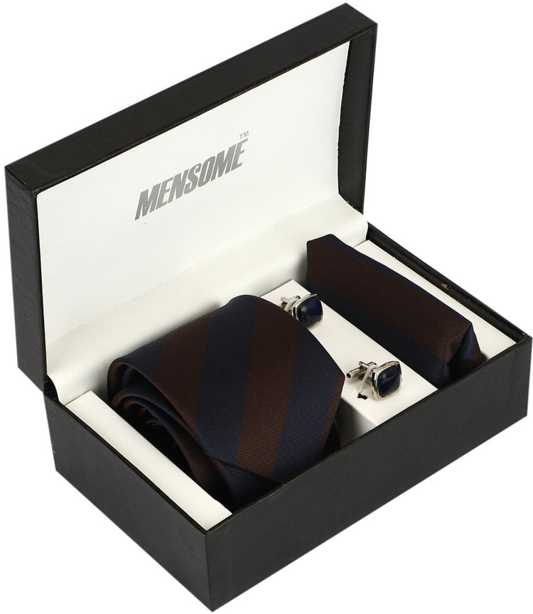 Brown Blue Stripes Neck Tie, Pocket Square And Cufflinks Combo Gift Set