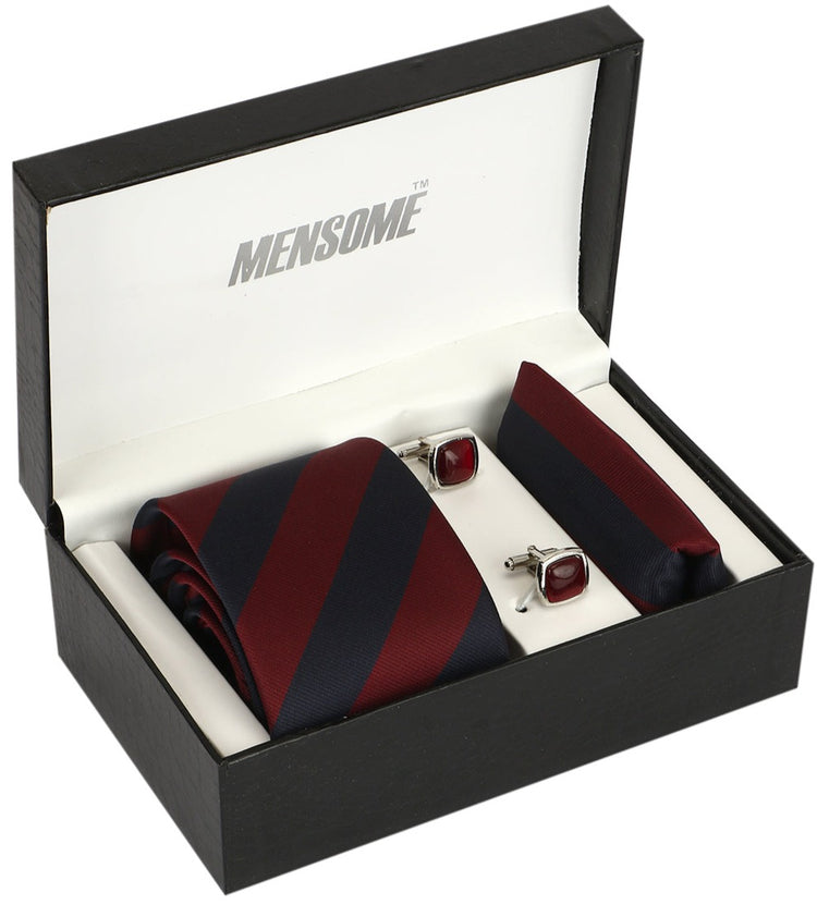 Maroon Blue Stripes Neck Tie, Pocket Square And Cufflinks Combo Gift Set