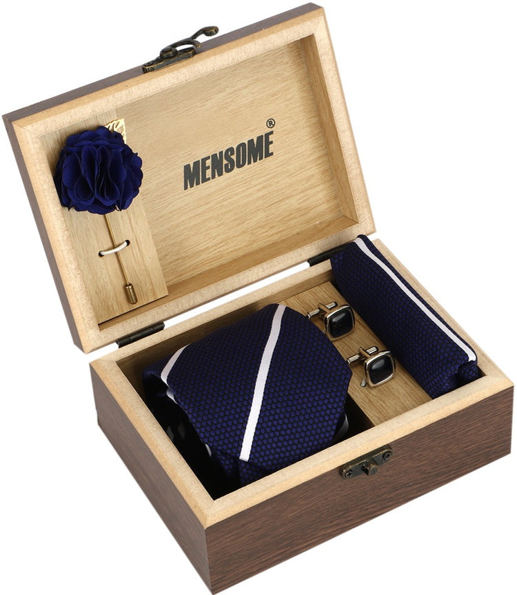 Blue Stripes Neck Tie, Cufflinks, Pocket Square And Lapel Pin Combo Gift Set