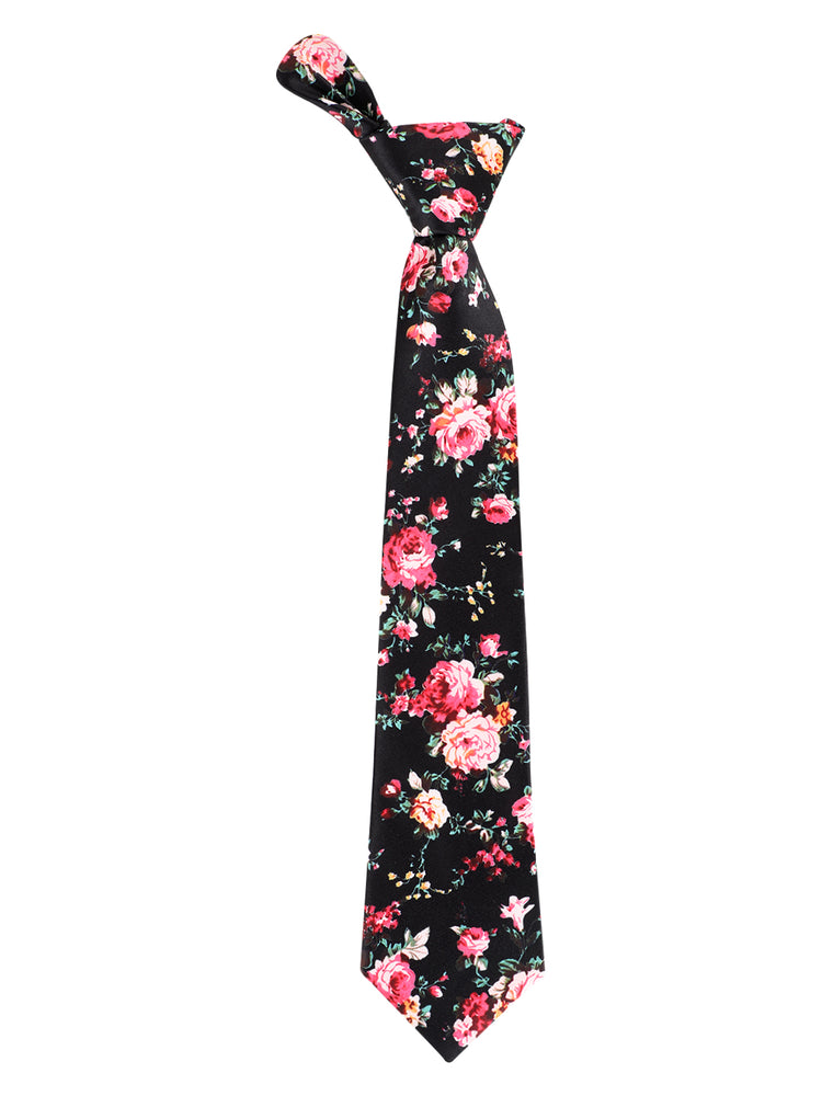 Black Floral Neck Tie, Pocket Square And Lapel Pin Combo Gift Set