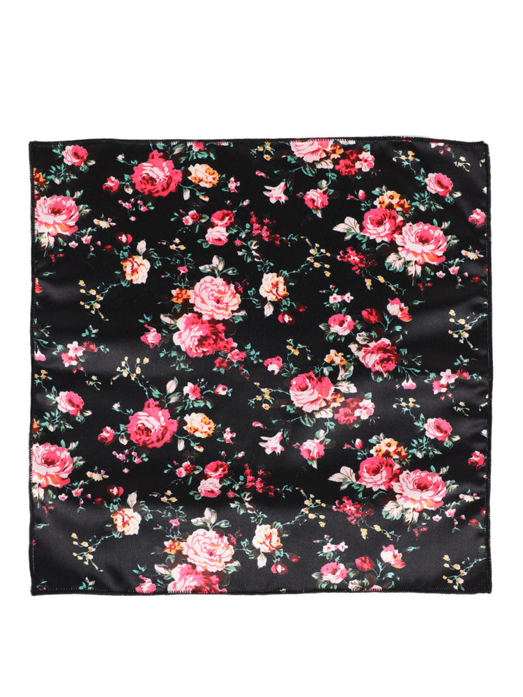 Black Floral Neck Tie, Pocket Square And Lapel Pin Combo Gift Set