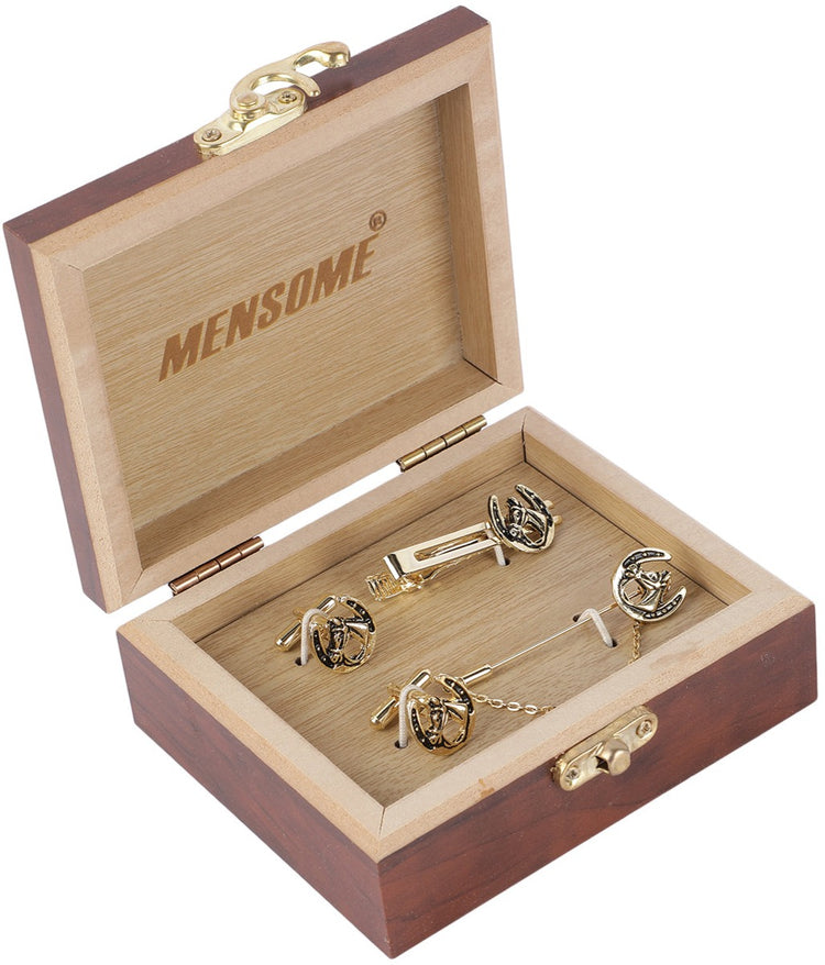 MENSOME Horse Shoe Pattern Golden Cufflinks, Lapel Pin and Tie Pin Gift Set