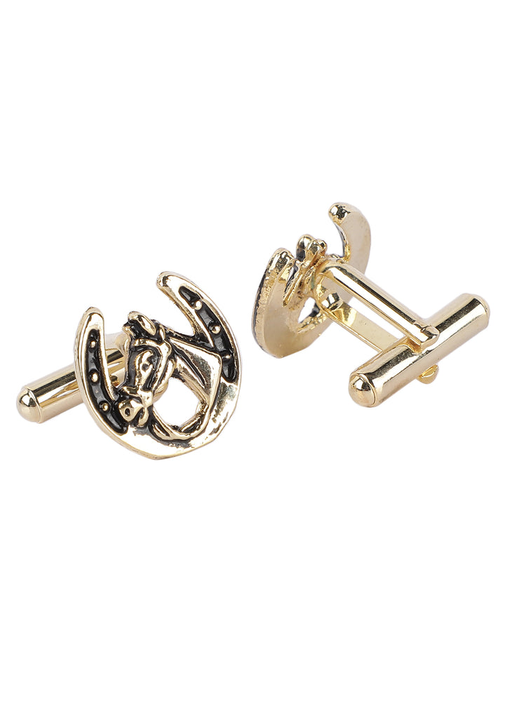 MENSOME Horse Shoe Pattern Golden Cufflinks, Lapel Pin and Tie Pin Gift Set