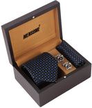 MENSOME Black Geometric Neck Tie Combo Set With Pocket Square And Cufflinks In Wooden Gift Box