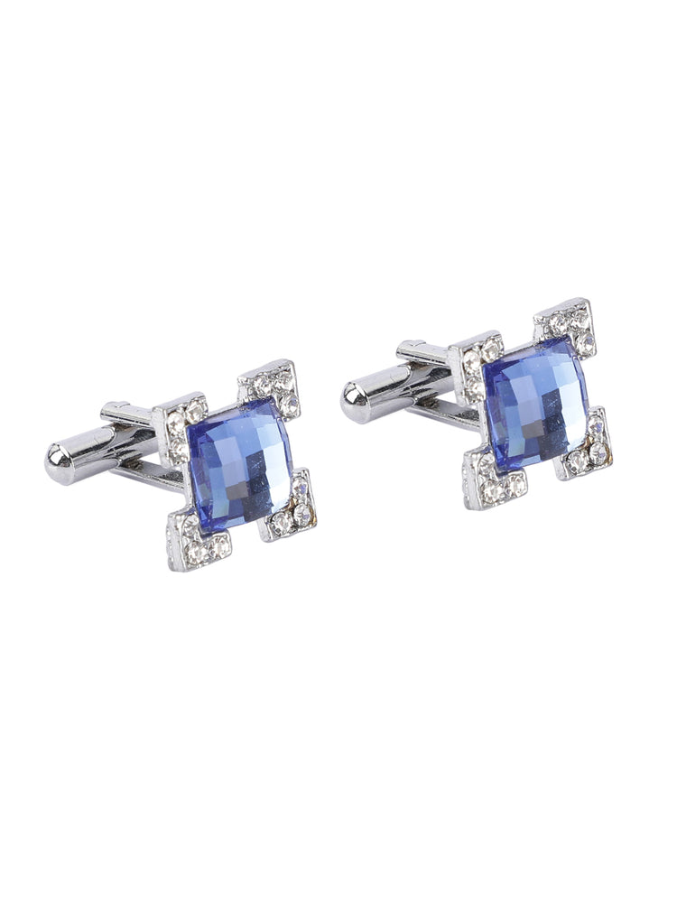 MENSOME Blue Geometric Neck Tie Combo Set With Pocket Square And Cufflinks In Wooden Gift Box