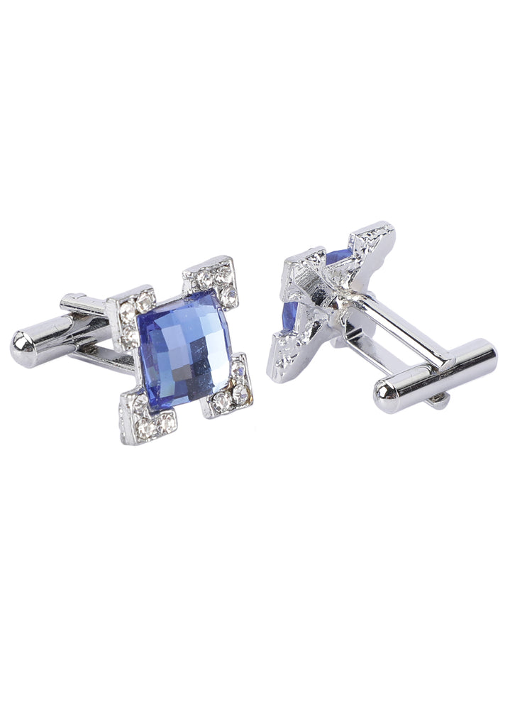 MENSOME Blue Geometric Neck Tie Combo Set With Pocket Square And Cufflinks In Wooden Gift Box