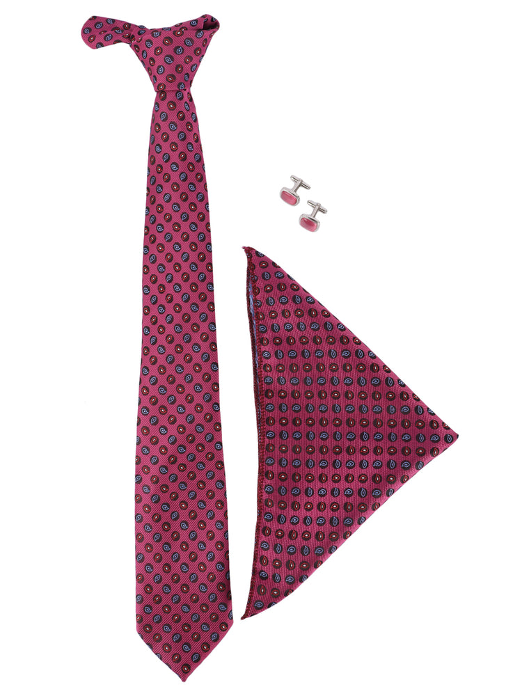 MENSOME Magenta Paisley Neck Tie Combo Set With Pocket Square And Cufflinks In Wooden Gift Box