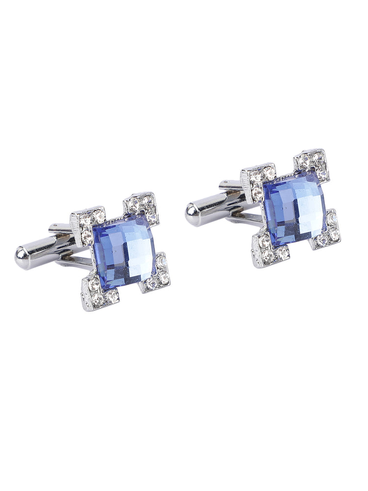 MENSOME Blue Check Neck Tie Combo Set With Pocket Square And Cufflinks In Wooden Gift Box