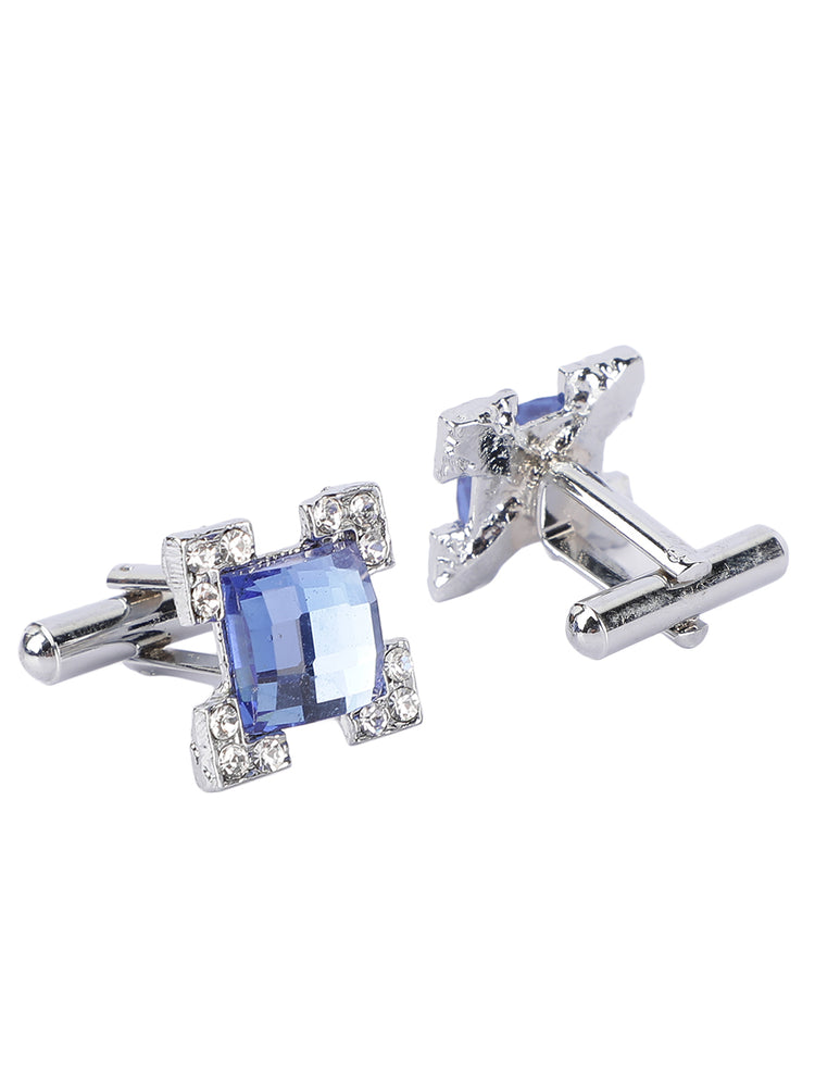 MENSOME Blue Check Neck Tie Combo Set With Pocket Square And Cufflinks In Wooden Gift Box