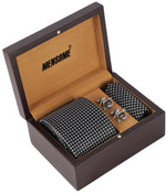 MENSOME Black And Grey Dot Neck Tie Combo Set With Pocket Square And Cufflinks In Wooden Gift Box