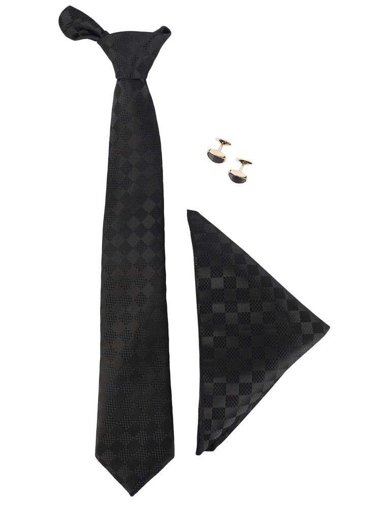 MENSOME Black Check Neck Tie Combo Set With Pocket Square And Cufflinks In Wooden Gift Box