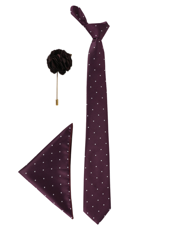 Wine Polka Neck Tie, Pocket Square And Lapel Pin Combo Gift Set