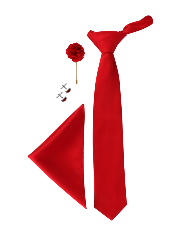 Red Neck Tie, Cufflinks, Pocket Square And Lapel Pin Combo Gift Set
