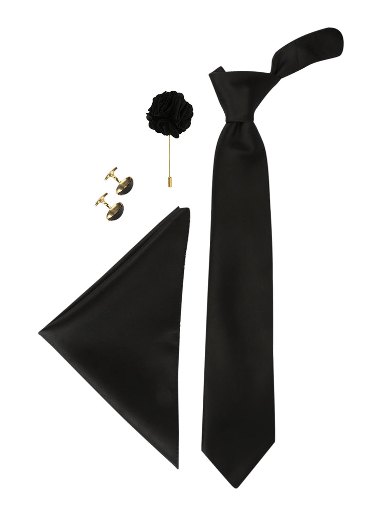 Black Neck Tie, Cufflinks, Pocket Square And Lapel Pin Combo Gift Set