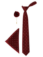 Maroon Polka Neck Tie, Pocket Square And Lapel Pin Combo Gift Set