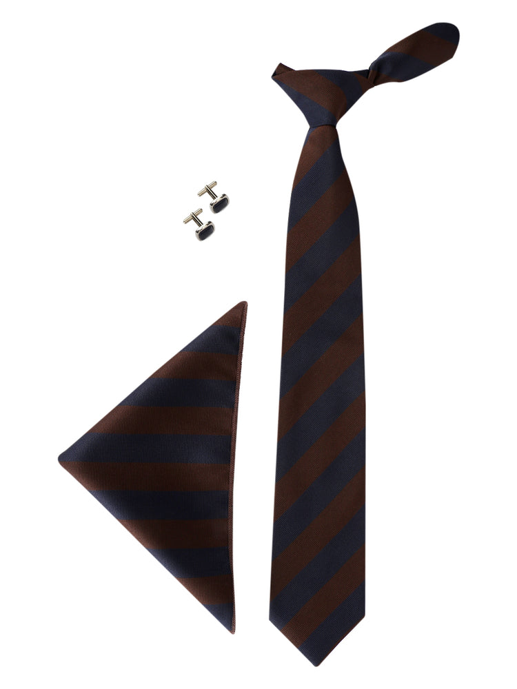 Brown Blue Stripes Neck Tie, Pocket Square And Cufflinks Combo Gift Set