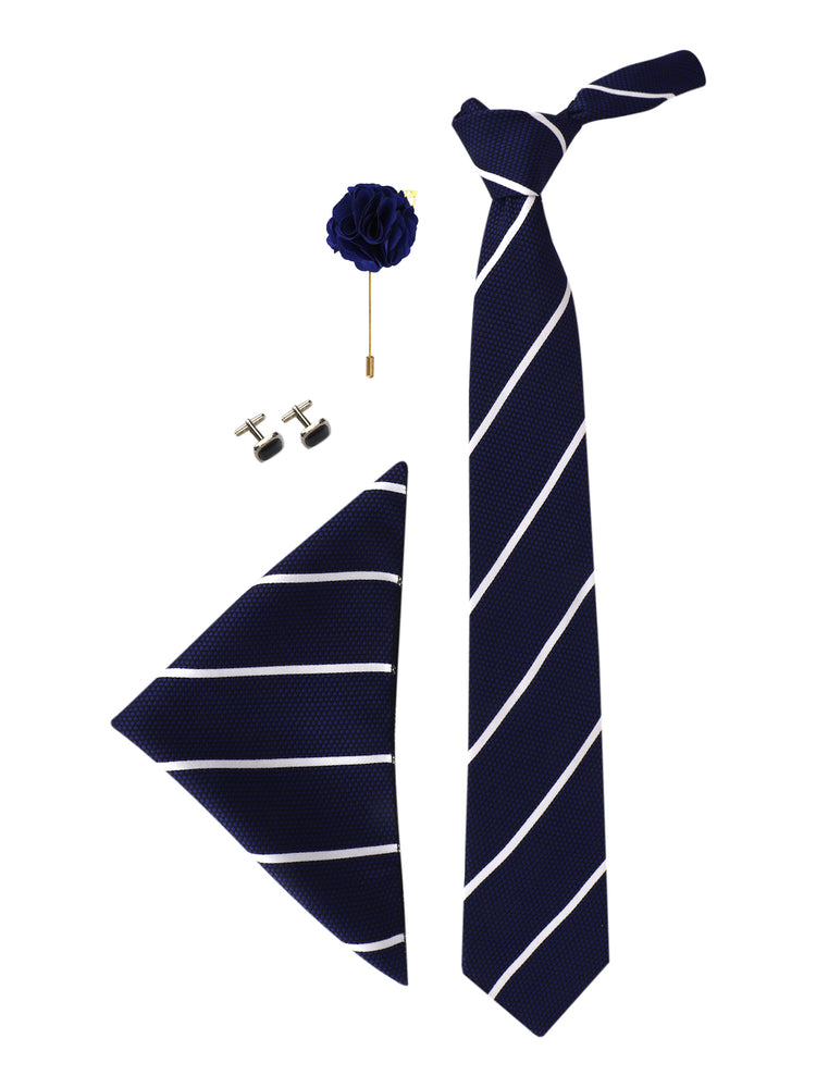 Blue Stripes Neck Tie, Cufflinks, Pocket Square And Lapel Pin Combo Gift Set