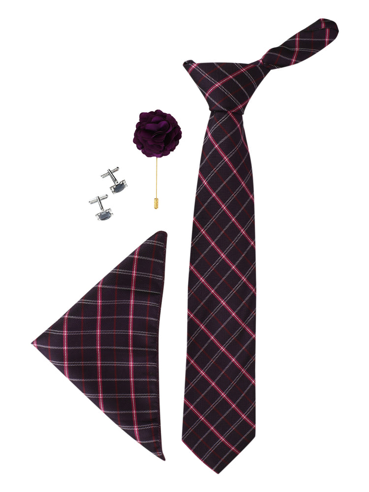 Purple Check Neck Tie, Cufflinks, Pocket Square And Lapel Pin Combo Gift Set