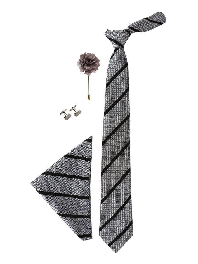 Grey Stripes Neck Tie, Cufflinks, Pocket Square And Lapel Pin Combo Gift Set