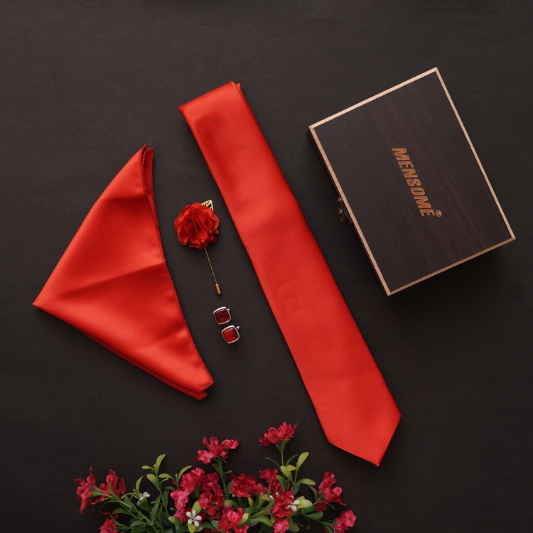 Red Neck Tie, Cufflinks, Pocket Square And Lapel Pin Combo Gift Set