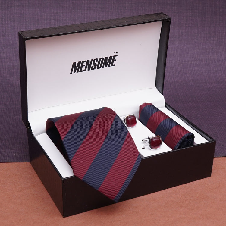 Maroon Blue Stripes Neck Tie, Pocket Square And Cufflinks Combo Gift Set