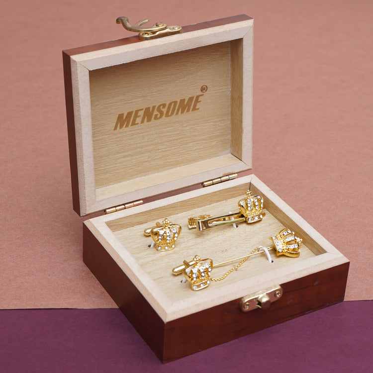 MENSOME Gold Crown Cufflinks , Tie Pin and Lapel Pin Gift Set