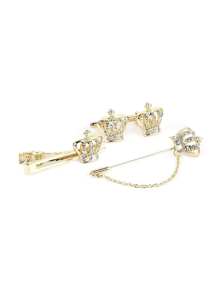 MENSOME Gold Crown Cufflinks , Tie Pin and Lapel Pin Gift Set