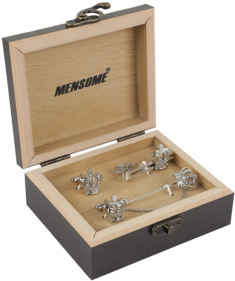 MENSOME Silver Crown Cufflinks , Tie Pin and Lapel Pin Gift Set