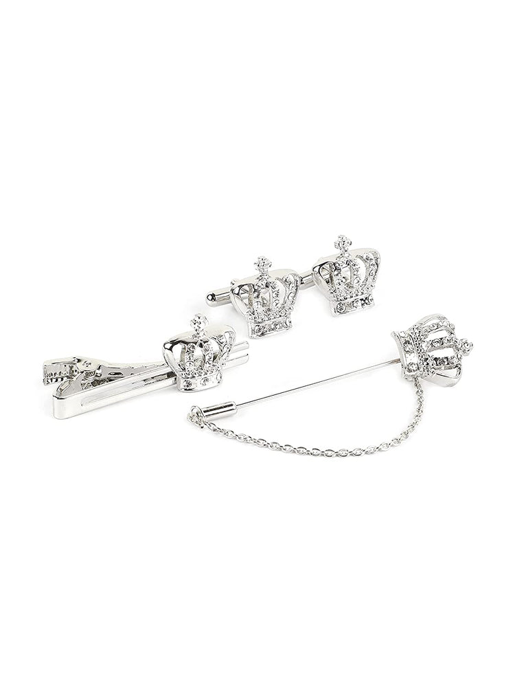 MENSOME Silver Crown Cufflinks , Tie Pin and Lapel Pin Gift Set