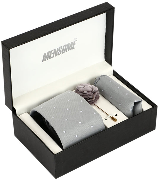 Grey Polka Neck Tie, Pocket Square And Lapel Pin Combo Gift Set