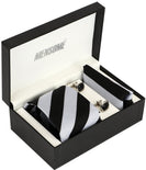 Grey Black Stripes Neck Tie, Pocket Square And Cufflinks Combo Gift Set