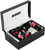 Black Floral Neck Tie, Pocket Square And Lapel Pin Combo Gift Set