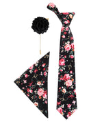 Black Floral Neck Tie, Pocket Square And Lapel Pin Combo Gift Set