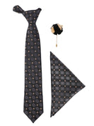 MENSOME Black Floral Formal Neck tie, Pocket Square & Lapel pin Combo Pack Gift Set In Box