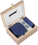 MENSOME Blue Geometric Neck Tie Combo Set With Pocket Square And Cufflinks In Wooden Gift Box