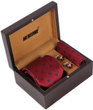 MENSOME Maroon Geometric Neck Tie Combo Set With Pocket Square And Cufflinks In Wooden Gift Box