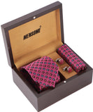 MENSOME Magenta Paisley Neck Tie Combo Set With Pocket Square And Cufflinks In Wooden Gift Box