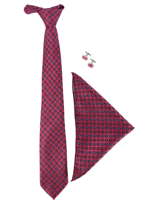 MENSOME Magenta Paisley Neck Tie Combo Set With Pocket Square And Cufflinks In Wooden Gift Box