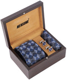 MENSOME Blue Check Neck Tie Combo Set With Pocket Square And Cufflinks In Wooden Gift Box