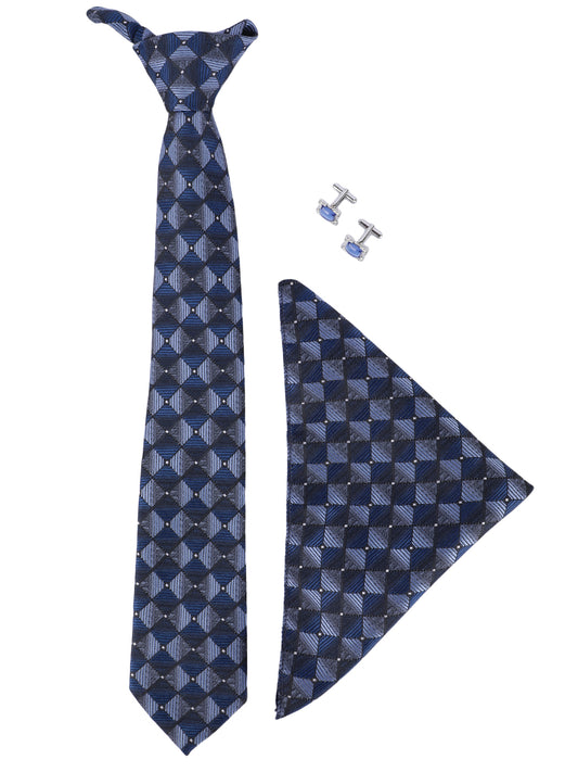 MENSOME Blue Check Neck Tie Combo Set With Pocket Square And Cufflinks In Wooden Gift Box