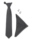MENSOME Black And Grey Dot Neck Tie Combo Set With Pocket Square And Cufflinks In Wooden Gift Box