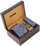 MENSOME Blue Paisley Tie Combo Set With Pocket Square And Cufflinks In Wooden Gift Box