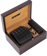 MENSOME Black Check Neck Tie Combo Set With Pocket Square And Cufflinks In Wooden Gift Box