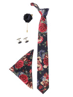 Navy Blue Floral Neck Tie, Cufflinks, Pocket Square And Lapel Pin Combo Gift Set