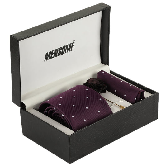 Wine Polka Neck Tie, Pocket Square And Lapel Pin Combo Gift Set