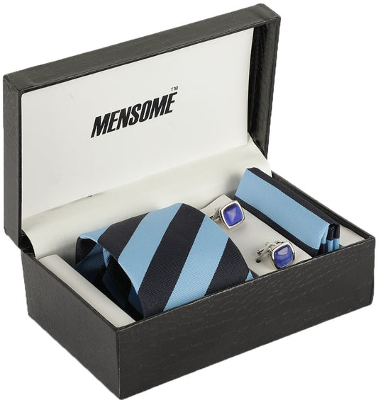 Blue Stripes Neck Tie, Pocket Square And Cufflinks Combo Gift Set