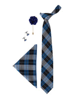 Blue Check Neck Tie, Cufflinks, Pocket Square And Lapel Pin Combo Gift Set