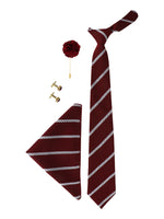 Maroon Stripes Neck Tie, Cufflinks, Pocket Square And Lapel Pin Combo Gift Set