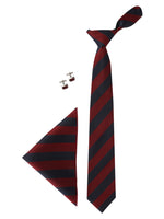 Maroon Blue Stripes Neck Tie, Pocket Square And Cufflinks Combo Gift Set