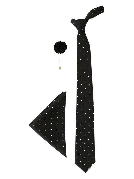 Black Polka Neck Tie, Pocket Square And Lapel Pin Combo Gift Set